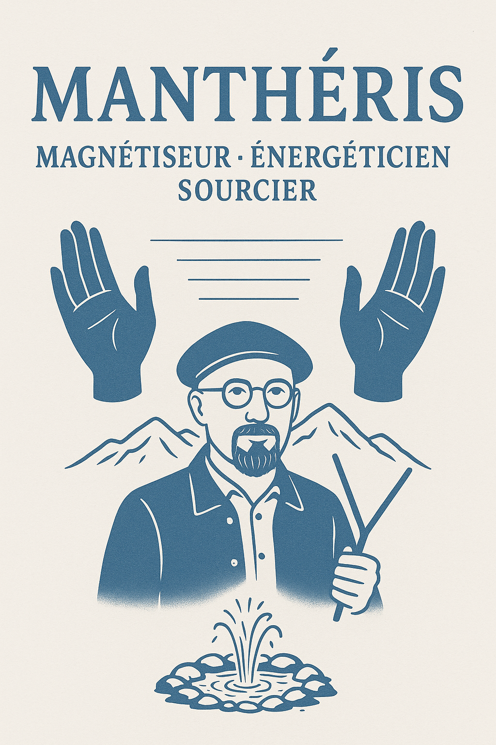 Illustration Manthéris — dessin bleu (montagnes, mains, source, béret)
